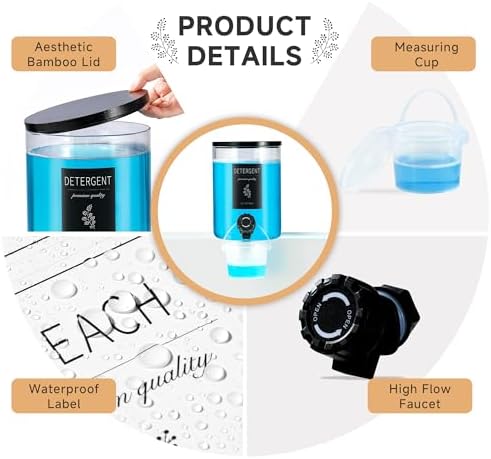 1 Glass Laundry Detergent Dispenser with Black Bamboo Lid - 120 Oz Liquid Detergent, Laundry Soap & Fabric Softener Dispenser for Laundry Room Organization and Storage with 1 Cups & 4 Labels - Image 5