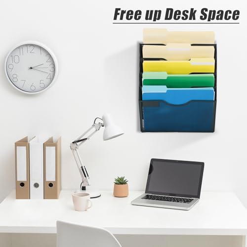 EASEPRES 5 Pocket Mesh Hanging Wall File Organizer, Wall Mounted Mail Paper Document Folder Holder, Clipboard Storage Organization Magazine Rack with Nametag Label for Office Home School, Black - Image 6