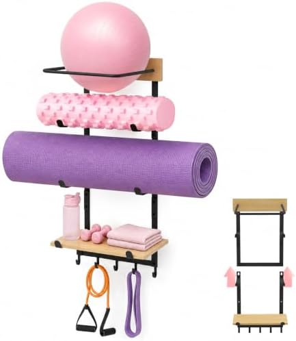 4-in-1 Yoga Mat & Ball Holder Wall Mount Storage, Durable Home Gym Accessories Organizer with Adjustable Solid Pine Floating Shelf & Hooks, 5 Hooks for Hanging Foam Rollers and Resistance Bands by Unknown