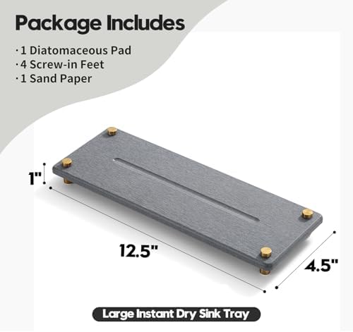 Kitchen Sink Caddy Water Absorbing Stone Drying Tray, Diatomite Bathroom Sink Organizer, Faucet Counter Mat Coaster, Soap Dish Rack Riser Dispenser Sponge Holder, Dark Gray Gold -12.5" x 4.5" - Image 6