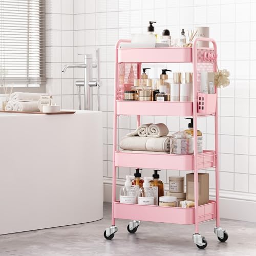 TOOLF 4 Tier Rolling Cart, Metal Utility Storage Cart with Pegboard, Pink | 2 Bins & 4 Hooks, Screwless Assembly, Lockable Wheels, Trolley Organizer for Bathroom, Kitchen, Office, Dorm, Craft Room - Image 4