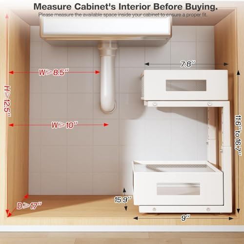 Under Sink Organizer, 2-Tier Dual Pull Out Cabinet Organizer Drawers With Smooth Circular Rail, Large Capacity Metal Mesh Sliding Shelves For Bathroom& Kitchen Storage,Height Adjustable–White,1 Pack - Image 2