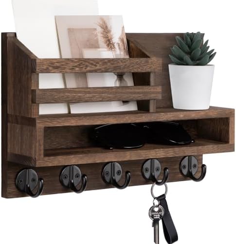 Key and Mail Holder Wall Mount, Key Hanger with Long Storage Box and 5 Hooks for Coat, Dog Leash, Home Decor Rack, House Accessories, Entry Way Organizer 11.8”W x 7.8”H x 3.2”D by Lucundm