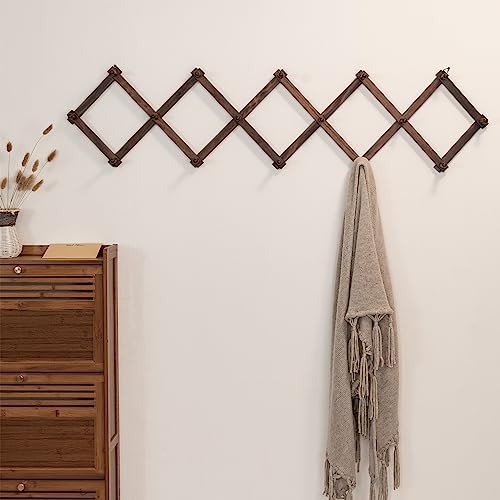 SKOLOO Accordion Wall Hanger with 16 Hooks, Modern Expandable Coat Rack Hat Rack for Wall, Solid Wooden, Walnut Color - Image 2