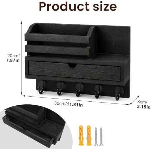 Key Holder Wall Mount, Wooden Mail Holder with Storage Drawer and 5 Key Hooks for Keys, Coats and Dog Leash, Entryway Wall Organizer (Black) - Image 2