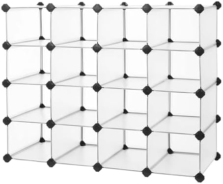 SONGMICS Shoe Rack with 16 Cubes, Interlocking Plastic Shoe Organizer, DIY Storage Cabinet for Closet Entryway Bedroom Garage, Space Saving Design, 12 x 35.1 x 27.2 Inches, Transparent ULPC445W02 by Unknown