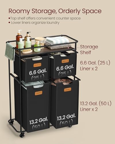 VASAGLE Laundry Sorter with Wheels, Portable Rolling Cart, 39.6 Gal.(150 L) - Image 3