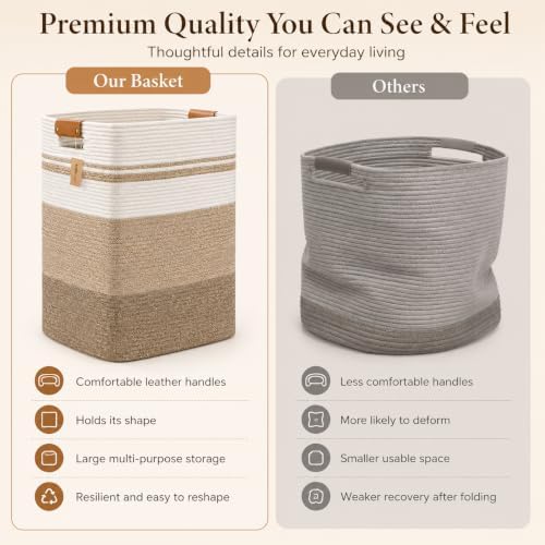 Laundry Hamper, Cotton Rope Laundry Basket with Leather Handles, 22.5-Gallon/85 L Large Clothes Hampers for Laundry, Woven Laundry Baskets for Blankets, Clothing, Bedroom, Living Room, Nursery - Image 6