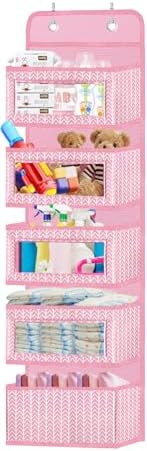 Over The Door Hanging Organizer with 5 Large Pockets - Wall Mount Pantry Storage with 2 Big Metal Hooks for Baby Girl’s Diapers Closet, Bathroom, Nursery, Bedroom, Dorm, Baby, Kids Toys (Pink) by VERONLY
