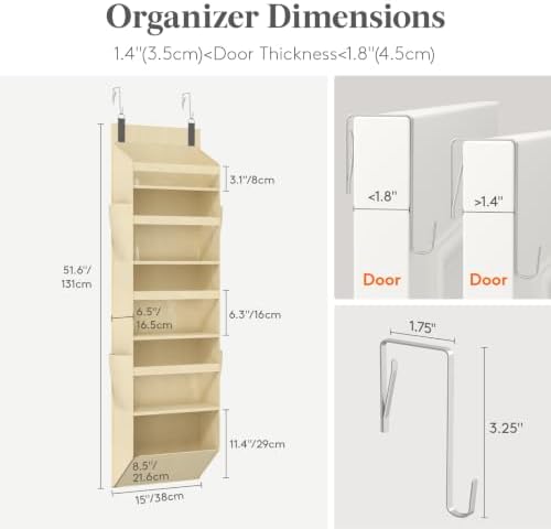 Lifewit 1 Pack Over the Door Organizer, Clear Window Hanging Storage with 4 Side Pockets, Anti Tilt 40 lbs Load Behind Door for Pantry, Nursery, Bathroom, Bedroom, Dorm, 5 Section, Beige - Image 2