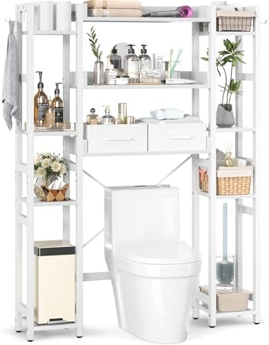 Besiost Over The Toilet Storage, 11 Tier Bathroom Organizer with Dual Side Racks and 2 Fabric Drawers, Adjustable Freestanding Rack Space Saver for Small Spaces, White by Besiost