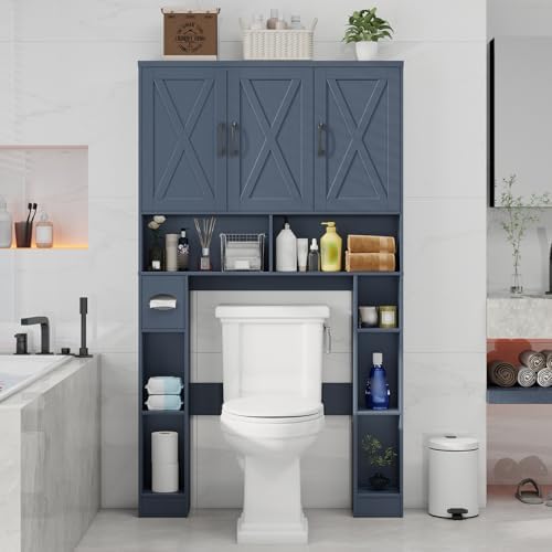 Vabches Over The Toilet Storage Cabinet with 3 Barn Doors.Blue by Vabches