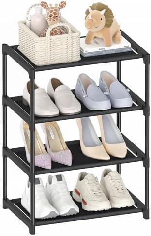 Autonomier 4 Tier Extra Small Shoe Rack (16.3" Wide), Space Saver Shelf | Kids Toddler Adult Shoe Storage Organizer, Narrow Stackable Shoe Organization Shelves, for Closet Floor Entryway Bedroom by Autonomier