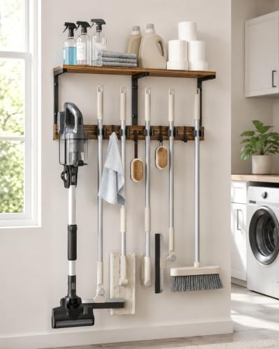 Broom and Mop Holder Wall Mount, 27" Large Organizer with Wood Shelf - Image 2