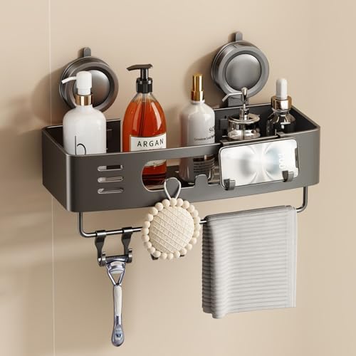 Voldra Shower Caddy Suction Cup, Shower Shelves for Inside Shower No Drilling, Aluminum Suction Showers Organizer for Wall with Towel Bar & Hooks Removable Bathroom Storage Rack(1 Pack-Gray) by VOLDRA