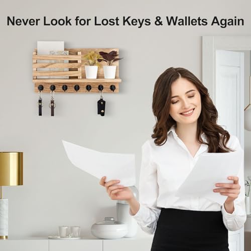 Lwenki Key Holder for Wall – Decorative Wooden Mail Holder and Key Shelf with Mounting Hardware, Installation Guide – Paulownia Wood with Metal Key Hooks (Wood, Extra Large - 15.6inch) - Image 6