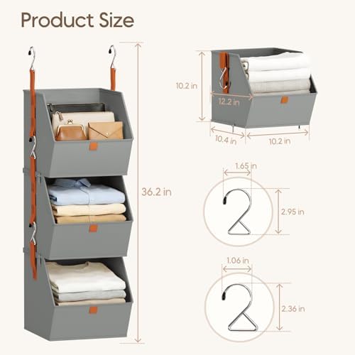 Homsorout Collapsible Hanging Closet Organizer - 3 Tier Closet Shelves Storage System with Hooks, Fabric Hanging Storage Bins for Clothes, Foldable Storage Basket for Laundry, Bedroom, Rv, Grey - Image 6