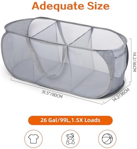 Durable Collapsible Foldable Pop Up Laundry Hamper, Sturdy 3 Compartments, Handy Pocket & Easy to Sort Clothes Hampers for Dorm, Kids Room, Travel - Grey - Image 4