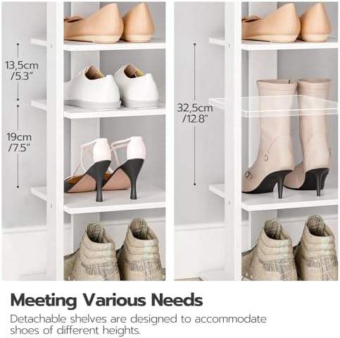 HOOBRO Vertical Shoe Rack for Front Door Entryway, 7 Tier Wooden Shoe Storage Organizer with Hooks, Narrow Shoe Tower for 7 Pairs, Space Saving, for Corner, Closet, Bedroom, White WT61XJ01 - Image 2