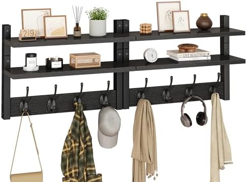 YMYNY Double Shelf Coat Rack Wall Mount with 8 Hooks, Black HWS009B-2 by High-qualityhomefurnishing