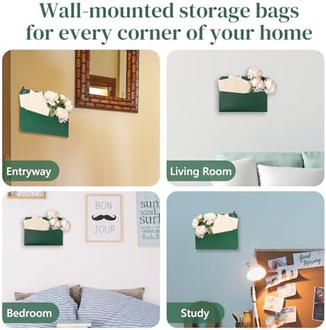 Wall Mount Green Faux Leather PU Leather Mail Holder Letter Holder Stylish Wall Hanging Mail Storage 2 Ring 9.8" x 7.7" x 1.4" File Organizer for Flowers Envelope Key Notebooks Home Office Decor - Image 5