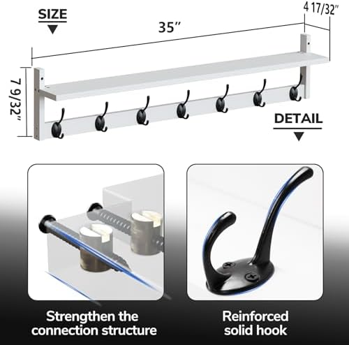 BAMEOS 35" L Wall Hooks with Shelf, Entryway Coat Hooks, Wood Wall Hanging Shelf, Wall-Mounted Coat Rack with 7 Dual Metal Hooks for Bathroom, Kitchen, Living Room, Bedroom (White) - Image 3