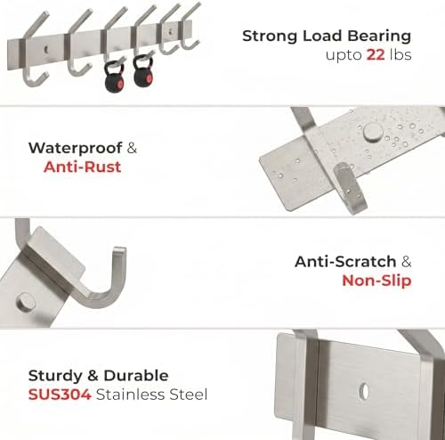 Coat Rack Wall Mount – Brushed Nickel 17 Inch Stainless Steel Hook Rail with 6 Heavy Duty Double Coat Hooks – Wall Mounted Coat Hanger for Entryway, Bathroom, Bedroom, Towel, Hat Organizer - Image 3