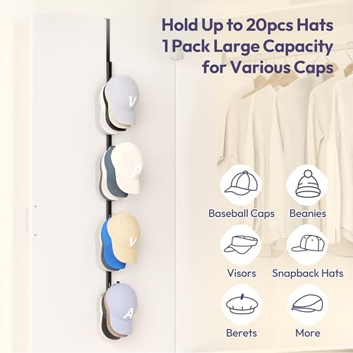 SWTYMIKI Over Door Hat Rack - Hat Organizer with 4 Hooks Design, Hanging Baseball Cap Organizer Storage Holds Up to 20 Caps for Door, Bedroom, Closet (Black) - Image 2