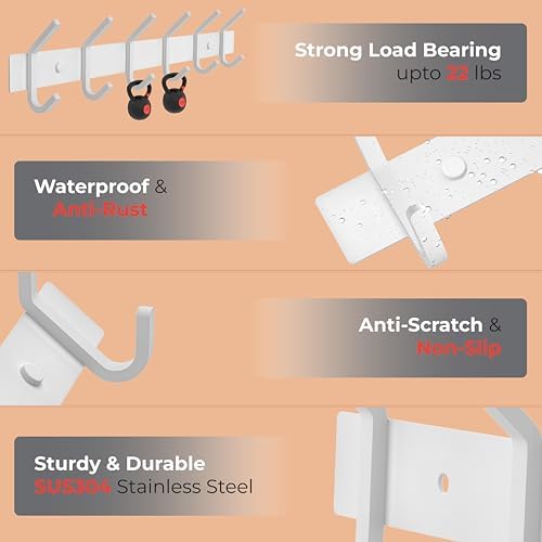 White Coat Rack Wall Mount – 17 Inch Stainless Steel Hook Rail with 6 Heavy Duty Double Coat Hooks – Wall Mounted Coat Hanger for Entryway, Bathroom, Bedroom, Towel, Hat Organizer - Image 3