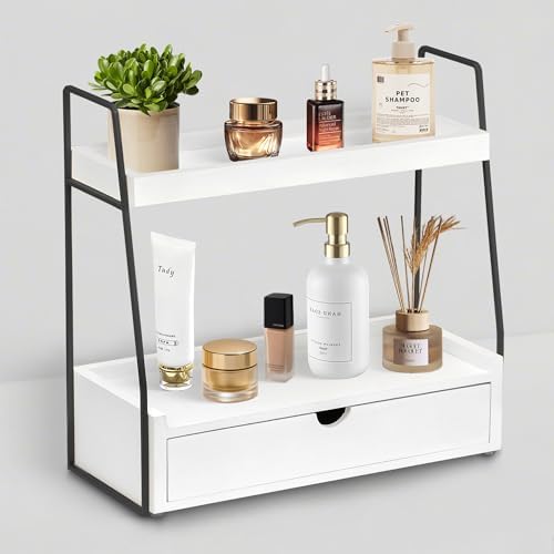2-Tier Bathroom Countertop Organizer with Drawer, Wood Vanity Shelf White by dreampossible