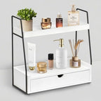 2-Tier Bathroom Countertop Organizer with Drawer, Wood Vanity Shelf White by dreampossible