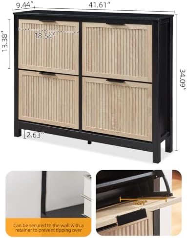 4-Flip Drawer Shoe Cabinet Narrow Entryway Rack, Oak & Black - Image 2