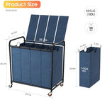 Laundry Sorter 4 Sections 48 Gal, Rolling Laundry Basket with Wheels ＆ Lid - Image 2