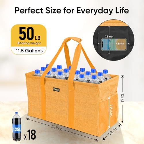 BALEINE Extra Large Utility Tote Bag with Reinforced Wire Frame, Reusable Grocery Bag for Shopping, Picnic (Yellow, 22''x12''x10'') - Image 2