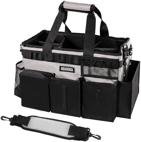 SCAVATA Wearable Cleaning Caddy Bag, Cleaning Caddy Supplies Organizer with Handle & Shoulder Straps for Housekeepers, Under Sink & Car Cleaning Tool Organizers with 4 Foldable Divider (Grey) by Tidyyourlife