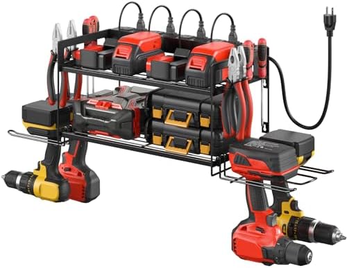 CCCEI Garage Tools Storage with Charging Station. Power Tool Battery Organizer Utility Shelf with Power Strip. 4 Drills Holder Wall Mount Rack, Black. by CCCEI