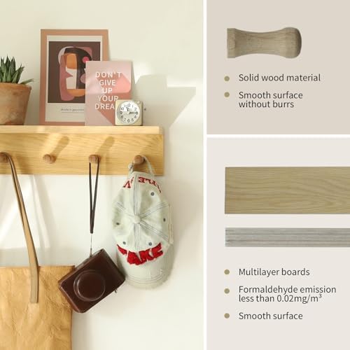 Small Entryway Shelf with Hooks, Wall Mounted Coat Rack with Shelf for Small Spaces, Wooden Floating Wall Organizer for Entryway, Mudroom, Nursery, Bathroom & Kitchen (Oak Finish) - Image 5