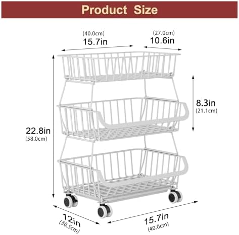 3-Tier Rolling Pantry Cart with Wheels, Stackable Wire Storage Floor Organizer for Kitchen Pantry Snack Shelves, Fruit Basket Stand, Vegetable Storage Rack for Food Snacks Onion Potato, White - Image 2