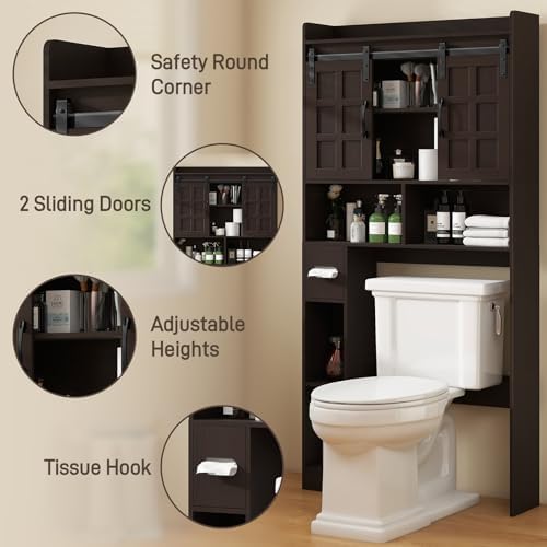 Halitaa Over The Toilet Storage Cabinet with Sliding Doors,Espresso - Image 3