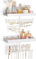 Keebofly Wall Mounted Jewelry Organizer with 2 Tired Shelves & Ring Holder- Jewelry Holder Wall Storage Display for Earrings, Necklace, Bracelet, Hair Accessories for girls in Bathroom Bedroom, White by Keebofly
