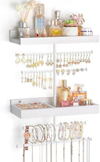 Keebofly Wall Mounted Jewelry Organizer with 2 Tired Shelves & Ring Holder- Jewelry Holder Wall Storage Display for Earrings, Necklace, Bracelet, Hair Accessories for girls in Bathroom Bedroom, White by Keebofly