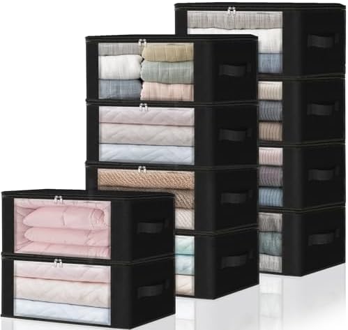 HomeHacks 10-Pack Clothes Organizer Storage Bags, 35L Storage Bins, Black | Foldable Storage Box Container with Zippers, Clear Window, Reinforced Handles for Closet, Dorm, Pillows, Bedding, Sweater by HomeHacks