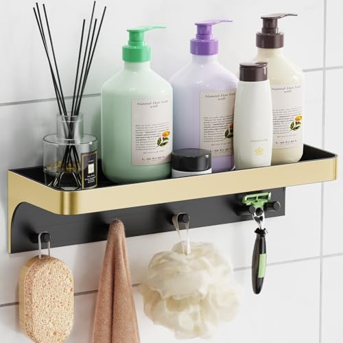 Shower Caddy Adhesive with 5 Hooks & Drainage, No-Drill, Gold by LEWONO