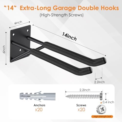 14" Garage Hooks Heavy Duty 2-Pack - Garage Storage System Hooks, Ladder Hooks for Garage Wall & Broom Holder Wall Mount | Non-Slip Tire Rack & Heavy Duty Wall Hooks for Hanging Ladders, Chairs. - Image 2