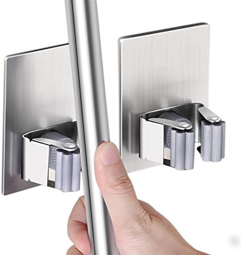 HANZE 2 Pack Stainless Steel Mop Broom Holder Organizer, Self Adhesive Wall Mounted Mop Organizer Storage Rack Clip for Kitchen Bathroom and Garage (Rectangle, Large) by HANZE