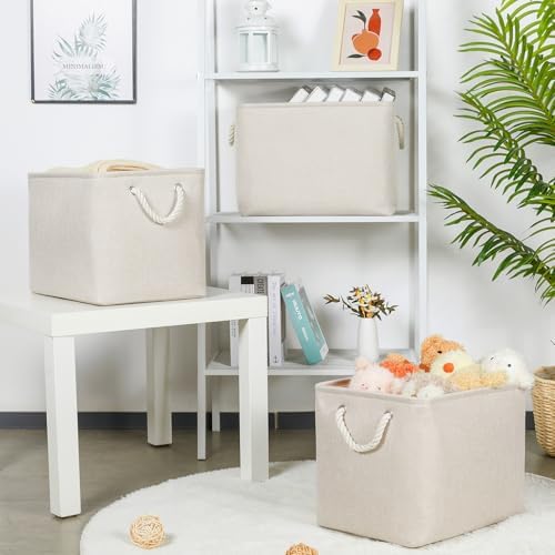 Bidtakay Large Storage Baskets for Shelves 3 Pack Fabric Storage Bins for Organizing Linen Collapsible Organizer for Closet-Light Biege - Image 3