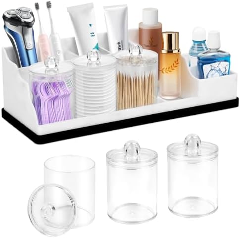Bathroom Counter Organizer, White Silicone Toothbrush Holders for Bathrooms Organizer Countertop with 3PCS Qtip Holder, Toothbrush and Toothpaste Holder for Bathroom Organization Storage Vanity by MSBRCH
