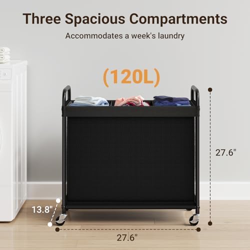 ELYKEN Laundry Hamper 3 Section, 120L Rolling Laundry Sorter with Wheels - Image 3