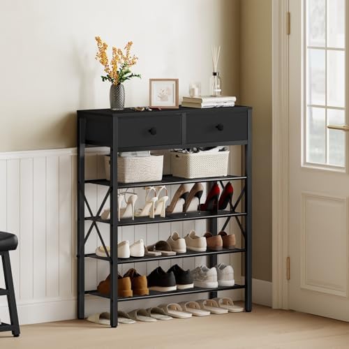 YATINEY 5 Tier Shoe Rack, Large Capacity Shoe Storage Organizer, Metal Shoe Shelf with Drawer and Wooden Top, for 20 Pairs of Shoes, for Entryway, Closet, Black SS25BB - Image 2