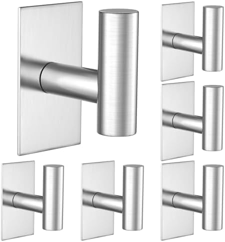 VAEHOLD Wall Towel Hooks, Heavy Duty Sticky Holder Waterproof Towel Hooks for Hanging Coat, Clothes, Closet Hook Wall Mount for Kitchen (Silver, 6 Pack) by VAEHOLD